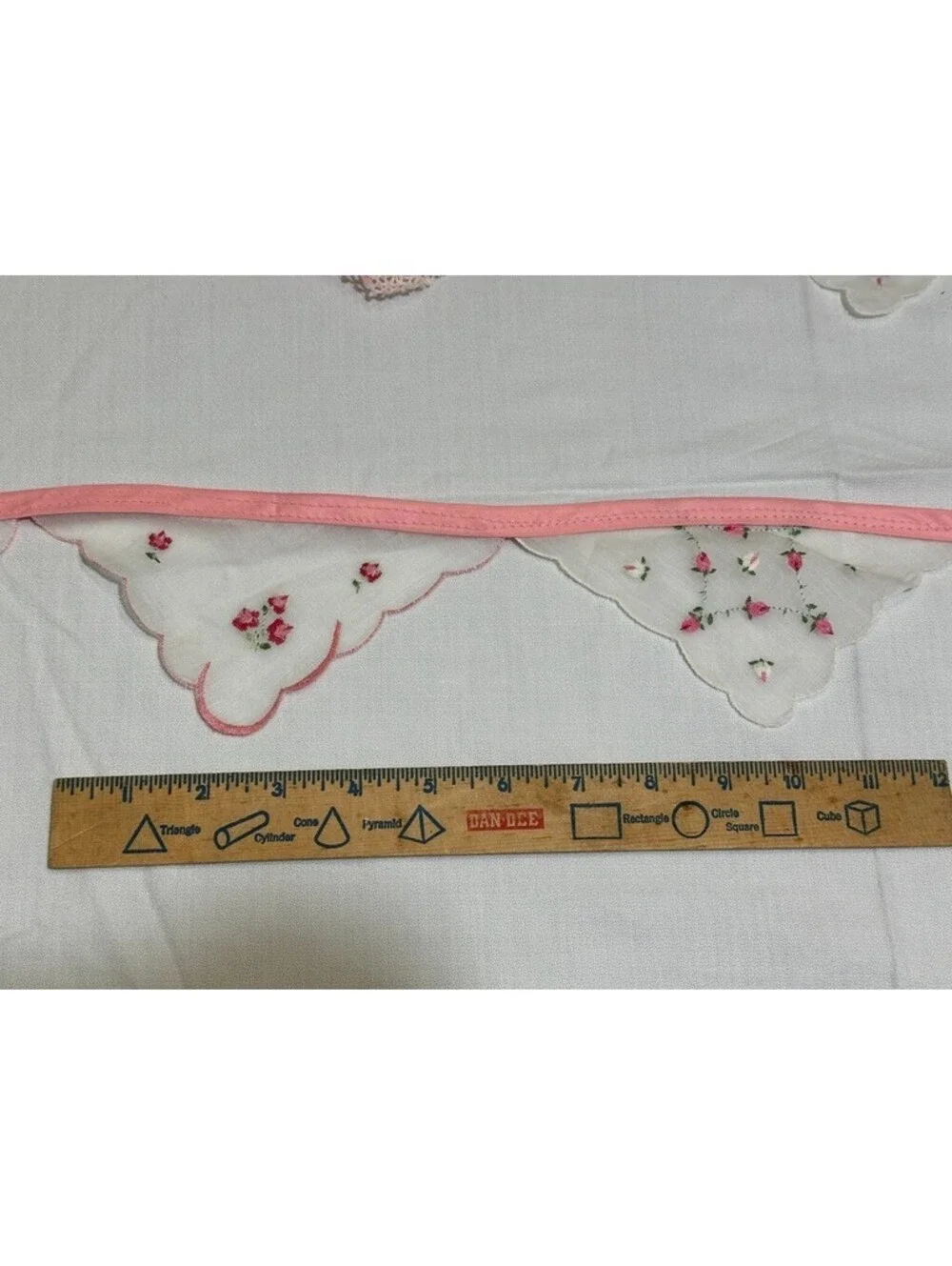 Vtg Pink Handkerchief Bunting Garland Hankie Banner Handmade Flowers Floral Rose